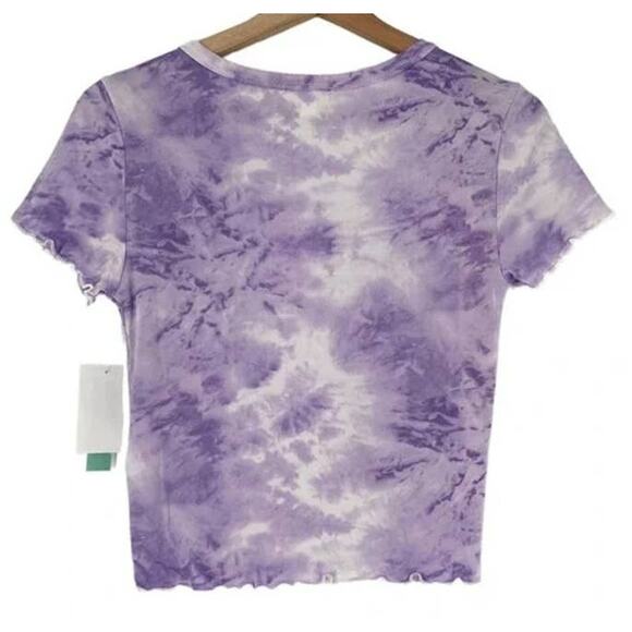 Abound Lettuce Edge Crop Button Trim Scoop Neck Top Sz Large Purple Tie Dye NWT - Picture 3 of 5